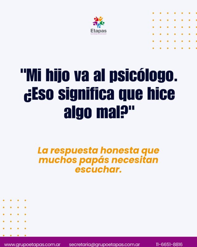 Una de las preguntas que más escuchamos, a veces dicha en voz alta y a veces solo pensada:"¿Estoy exagerando? ¿Estoy haciendo algo mal?"No. Estás prestando atención. Y eso ya es mucho.Que un chico tenga un espacio de acompañamiento psicológico no habla mal de su familia, habla de una familia que toma en serio su bienestar emocional.Si estás en esa duda, guardá este carrusel. Y si querés charlarlo, podés escribirnos cuando quieras.📍 Turnos presenciales en Lanús💻  Turnos online📩 secretaria@grupoetapas.com.ar#crianza #maternidad #paternidad #psicologíainfantil #saludmental #familias #parentalidad #grupoetapas