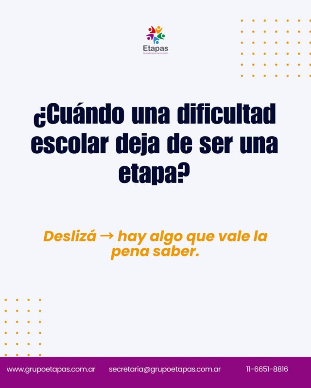 Hay una pregunta que muchos papás se hacen en silencio: "¿Esto es normal o tendría que consultar?"No siempre es fácil saberlo. Y muchas veces esperamos más de lo que deberíamos porque no queremos exagerar.Si tu hijo o hija tiene dificultades que se repiten, que generan angustia, o que no mejoran con el tiempo: vale la pena consultarlo.No para diagnosticar, no para etiquetarlo. Para entender qué está pasando y acompañarlo de la mejor manera posible.💬 Si tenés dudas, escribinos. Estamos para orientarte.📍 Atención presencial en Lanús📩 secretaria@grupoetapas.com.ar#dificultadesdeaprendizaje #escuela #crianza #psicopedagogía #aprendizaje #niños #familias #grupoetapas