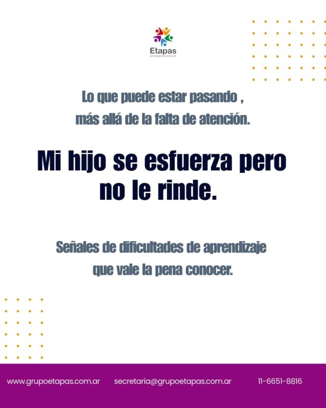 "Se esfuerza pero no le rinde." Es una de las frases que más escuchamos, y una de las que más esconden.Porque cuando un chico se esfuerza de verdad y los resultados no acompañan, el problema raramente es la falta de esfuerzo. Casi siempre hay algo en cómo aprende ese chico que todavía no fue entendido.Hoy compartimos las señales que vale la pena conocer  y cuándo pedir una evaluación.📍 Atención presencial en Lanús📩 [link en bio]#dificultadesdeaprendizaje #psicopedagogía #niños #escuela #crianza #aprendizaje #evaluación #grupoetapas