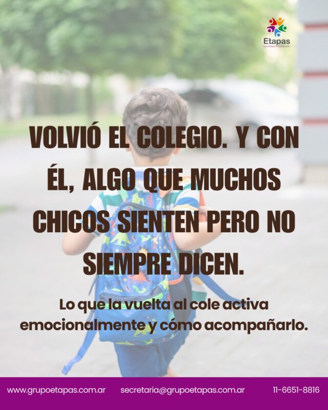Volvió el colegio. Y no todos los chicos vuelven contentos, aunque eso no siempre se diga en voz alta.La ansiedad ante la vuelta al cole es más frecuente de lo que parece. Y tiene señales concretas que vale la pena conocer.Hoy les compartimos qué ayuda en los primeros días, y cuándo sí vale la pena buscar orientación.📍 Atención presencial en Lanús y atención virtual📩 secretaria@grupoetapas.com.ar#vueltaalcole #ansiedad #niños #crianza #saludmental #colegio #emociones #grupoetapas