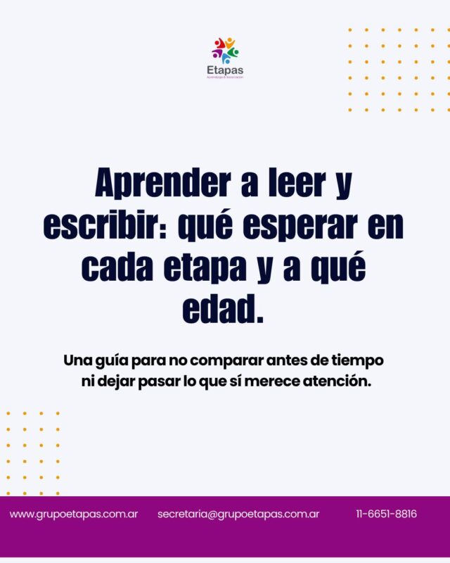 ¿A qué edad se espera que un chico lea? ¿Es normal que todavía confunda letras? ¿Cuándo vale la pena consultar?Preguntas que muchos papás y mamás tienen y no siempre saben a quién hacerle.Este carrusel tiene las respuestas, sin tecnicismos y con edades concretas.Guardalo si tenés hijos en edad escolar. Y si algo te genera duda, podés escribirnos.📍 Atención presencial en Lanús, Buenos Aires📩 secretaria@grupoetapas.com.ar#lectoescritura #aprendizaje #psicopedagogía #niños #escuela #crianza #desarrollo #grupoetapas
