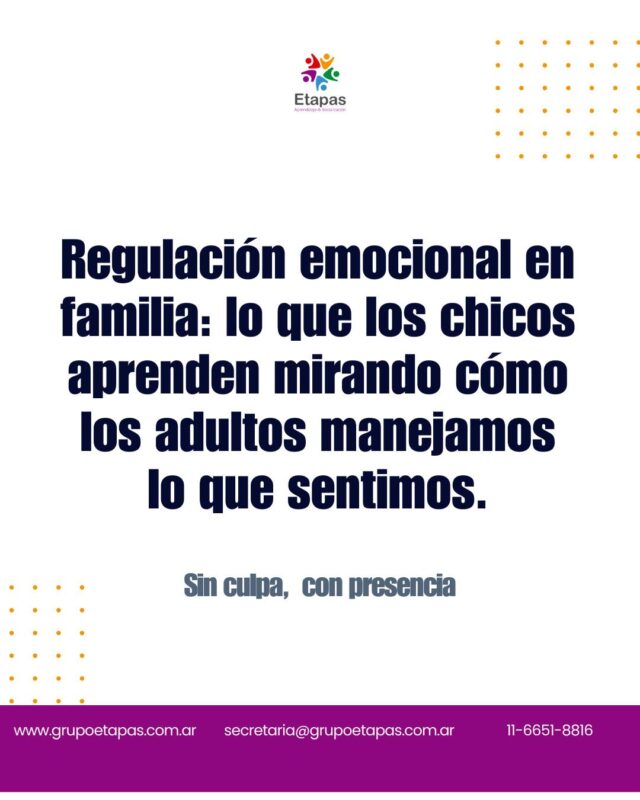 Los chicos no aprenden a manejar sus emociones de los libros ni de las charlas.Las aprenden mirando cómo lo hacemos nosotros.No se trata de ser perfectos. Se trata de ser honestos, nombrar lo que sentimos, mostrar cómo lo manejamos, reconocer cuando nos equivocamos.Hoy les compartimos cómo funciona la regulación emocional en familia,  y una pregunta para llevar a la semana.📍Atención presencial en Lanús.📩 [link en bio]#regulacionemocional #crianza #familia #emociones #saludmental #niños #parentalidad #grupoetapas