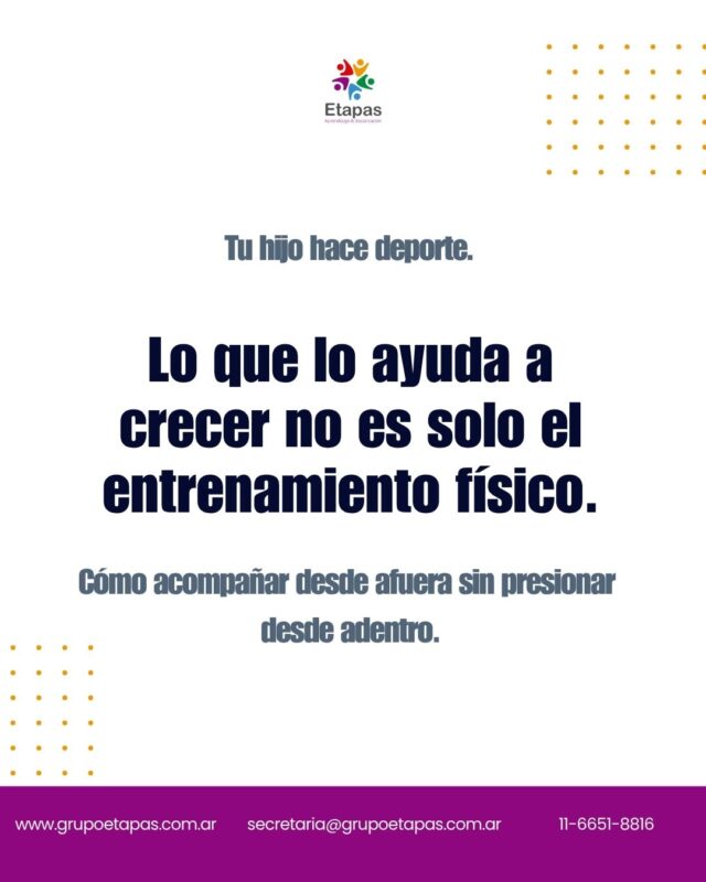 El deporte no es solo entrenamiento físico. Es uno de los mejores laboratorios emocionales que tienen los chicos cuando el entorno lo acompaña bien.Y los papás y mamás son parte central de ese entorno. No desde la técnica sino desde el vínculo.Hoy les compartimos qué ayuda realmente desde la tribuna  y qué sin querer puede complica el proceso.📍 Atención presencial en Lanús📩 [link en bio]#deporte #niños #crianza #psicología #deporteinfantil #familias #saludmental #grupoetapas