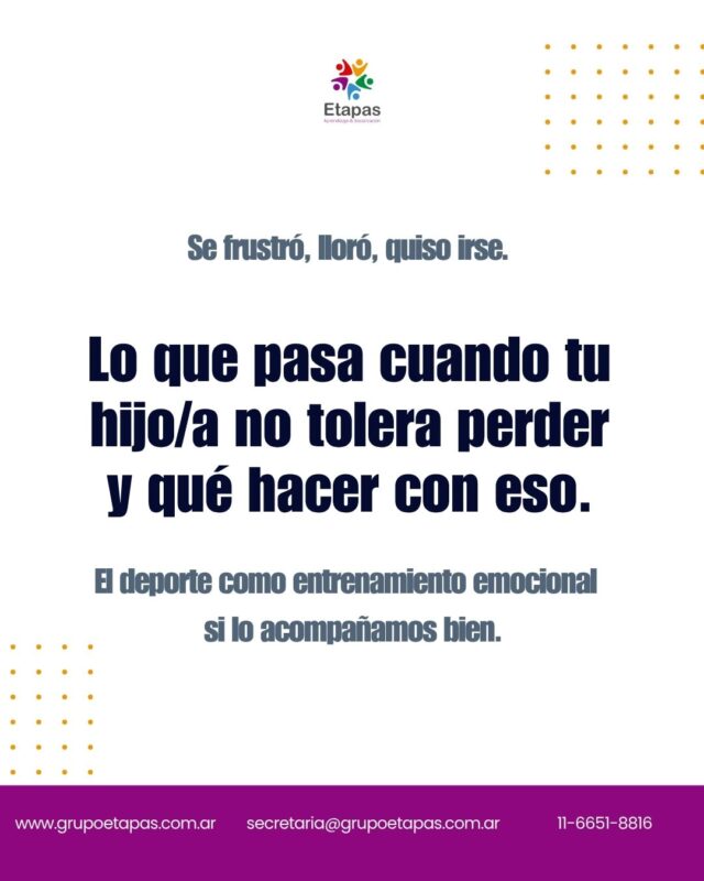 Se frustró. Lloró. Quiso irse. O explotó con el compañero, con el árbitro, con vos.La frustración en el deporte es inevitable,  y es una de las mejores oportunidades que tiene el chico o chica para aprender algo que la vida va a pedir siempre.Pero eso no pasa solo. Necesita adultos que sepan cómo acompañarla.Les compartimos qué ayuda, qué sin querer la alimenta  y una pregunta simple que cambia la conversación después del partido.📍 Atención presencial en Lanús📩 [link en bio]#toleranciaalafrustración #deporte #niños #crianza #emociones #psicología #deporteinfantil #grupoetapas