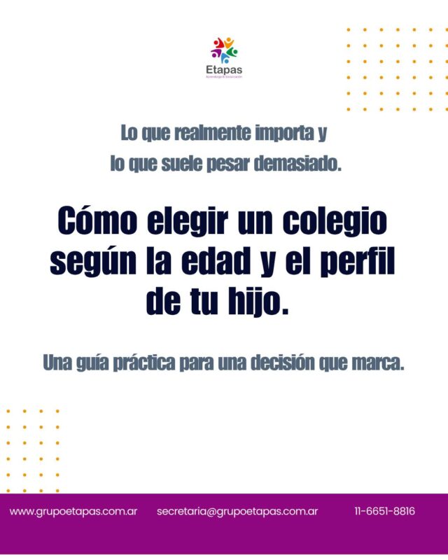 Elegir un colegio es una de las decisiones más importantes  y de las más difíciles que toman los papás y mamás.Y muchas veces los criterios que más pesan no son los que más importan.Hoy les compartimos qué mirar según la edad del chico  y una pregunta que vale hacerle antes de decidir.📍 Atención presencial en Lanús📩 [link en bio]#escuela #elegirunacolegio #crianza #psicopedagogía #educación #familias #niños #grupoetapas