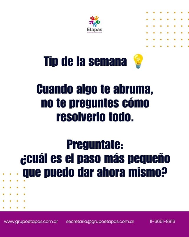 Una de las habilidades de afrontamiento más simples y más efectivas.Cuando todo parece demasiado, el cerebro se paraliza intentando resolver todo a la vez. El truco es achicar el foco: ¿qué es lo más pequeño que puedo hacer ahora?No para resolver todo. Para empezar a moverse.¿Con qué lo probás esta semana? 👇#tip #afrontamiento #saludmental #psicología #bienestar #herramientas #autocuidado #grupoetapas