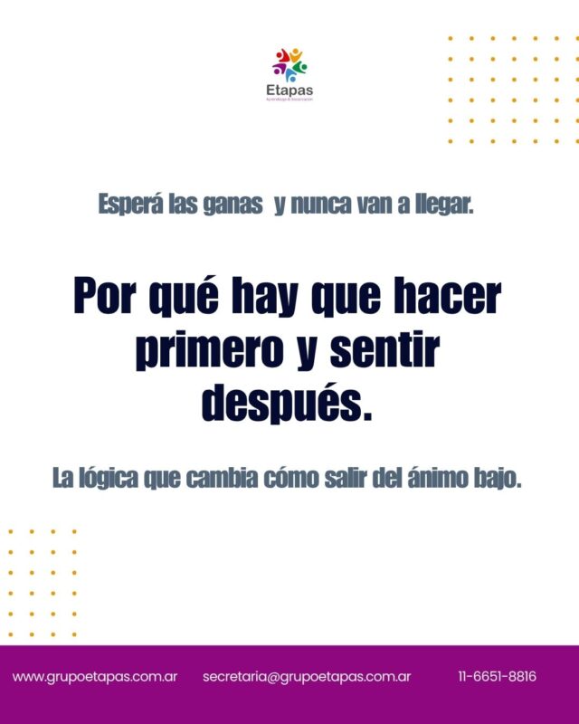 Una de las trampas más frecuentes del ánimo bajo: esperar a tener ganas para hacer cosas.El problema es que las ganas no vuelven solas. Vuelven cuando uno empieza a moverse, aunque sea sin ellas.Esa es la lógica de la activación conductual. Y hoy la explico de forma simple, con pasos concretos para empezar esta semana.📍 Atención presencial en Lanús📩 [link en bio]#activaciónconductual #animobajo #depresión #saludmental #adultos #psicología #bienestar #grupoetapas