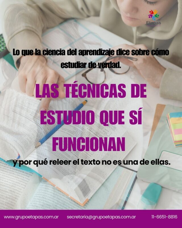 Releer el texto una y otra vez es la técnica de estudio más usada, y una de las menos efectivas.No porque el chico o chica no se esfuerce. Sino porque el cerebro aprende de una forma diferente a la que creemos.Hoy compartimos qué técnicas sí funcionan y una cosa simple que los papás y mamás pueden hacer para ayudar sin hacer la tarea por ellos.Guardalo 📌  tiene herramientas para usar esta semana.📍 Atención presencial en Lanús📩 [link en bio]#tecnicasdeestudio #aprendizaje #psicopedagogía #escuela #niños #estudio #crianza #grupoetapas